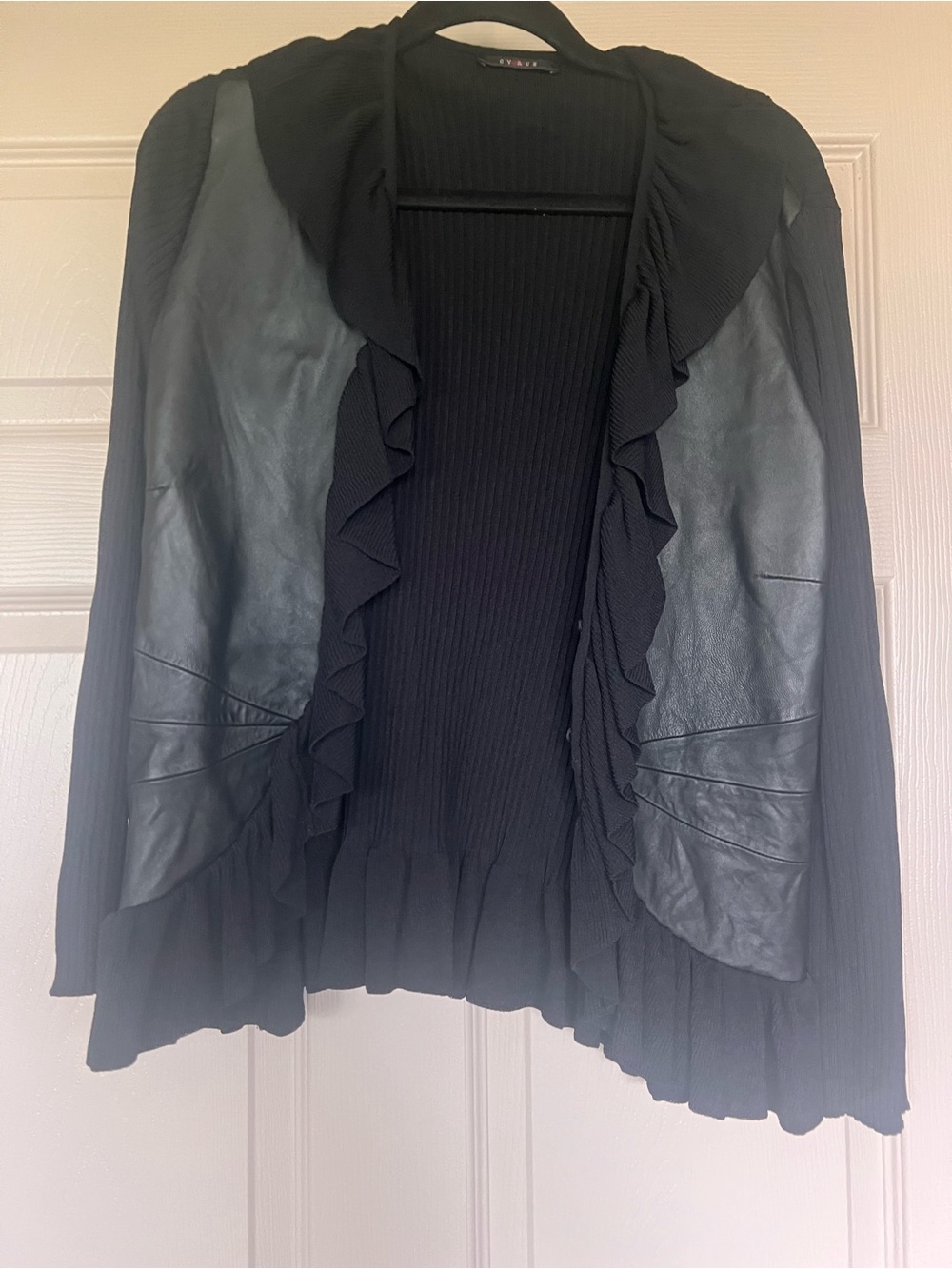 Cyrus Black Ruffle Front Leather-Panel Jacket - Picture 2 of 5